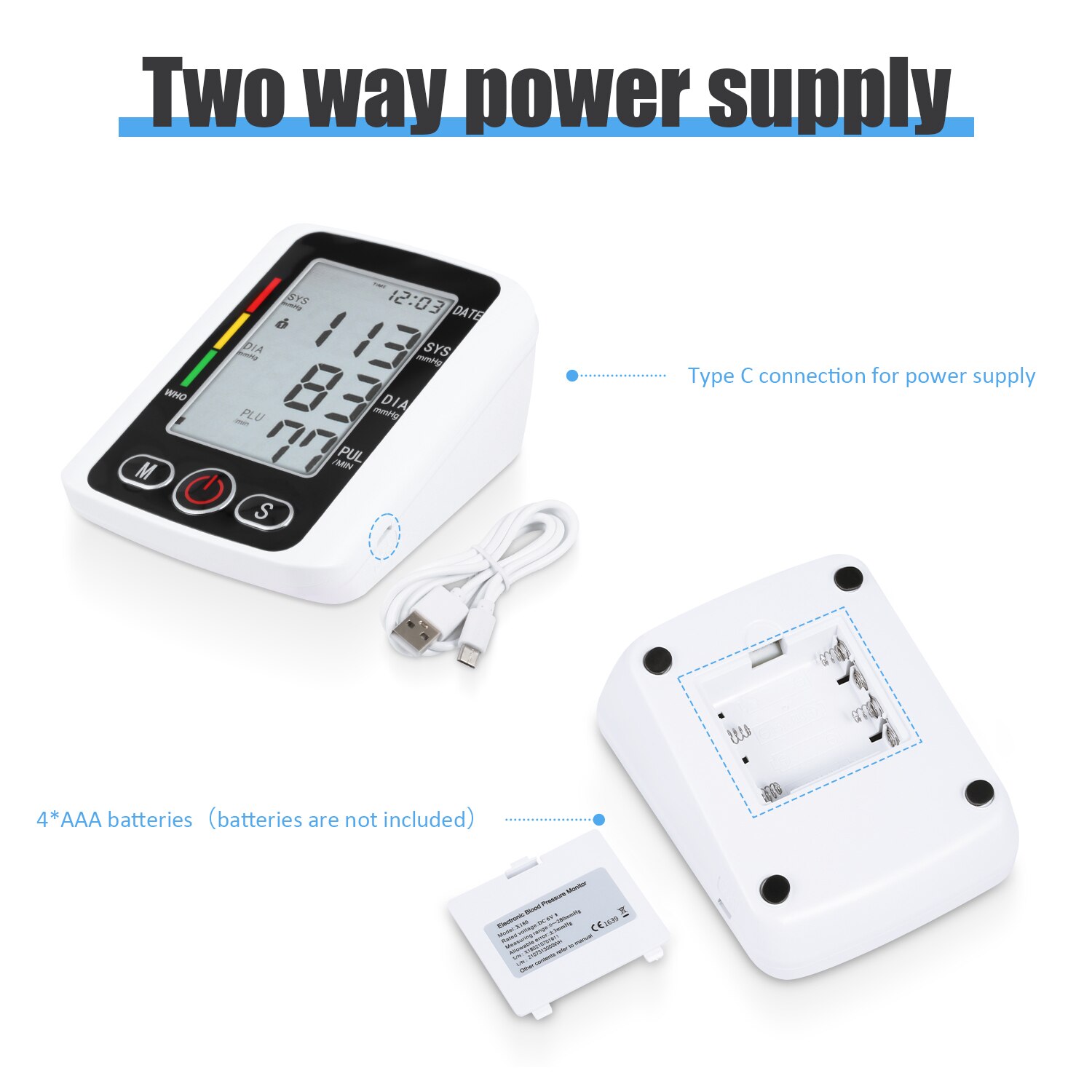 Esfigmomanómetro electrónico con carga USB, monitor de presión arterial para brazo, brazalete ajustable de precisión LCD, totalmente automático para el hogar