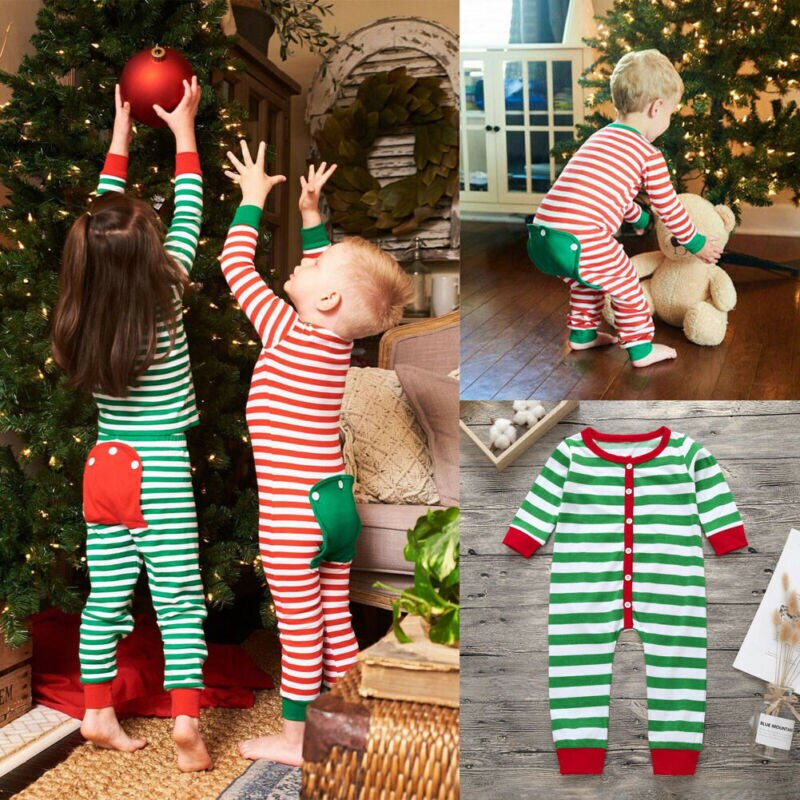 Weihnachten Kleinkind Baby Mädchen Jungen Spielanzugoverall Gestreiften Langarm Weihnachten Pyjama Homewear Outfit 6M-3T