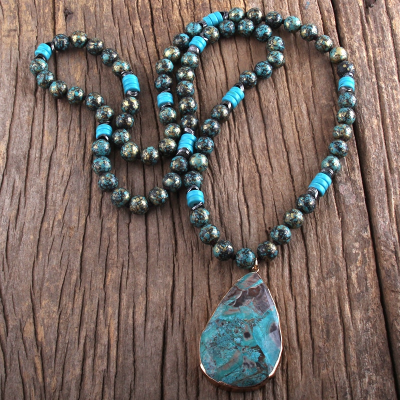 Rh Boho Sieraden 10Mm Ccb Bead Lange Geknoopt Met Semi Precious Hanger Kettingen Vrouwen Bohemen Ketting