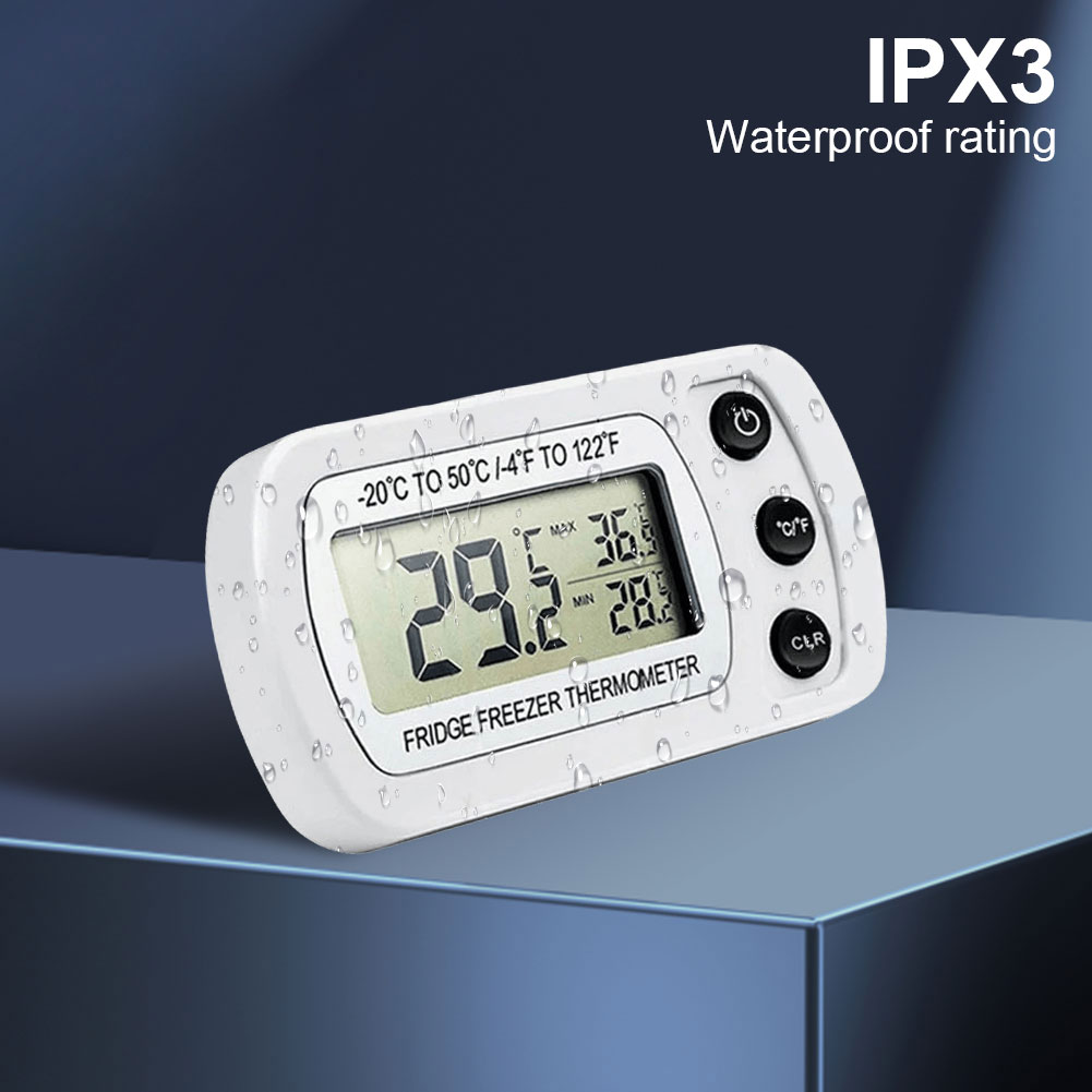 Digitales Kühlschrankthermometer, großes LCD, wasserdichtes Kühlschrank-Gefrierschrank-Thermometer, magnetische Rückseite und Haken für Zuhause, Riegel, Cafés