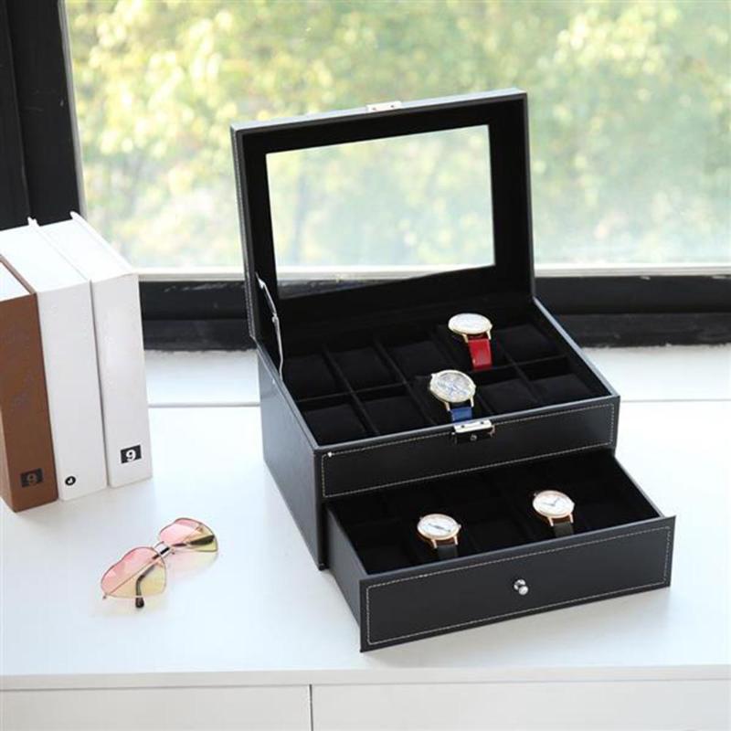 Watch Box 20 Mens Case Glass Top Display Organizer Lockable Black Home Storage ANd Organization