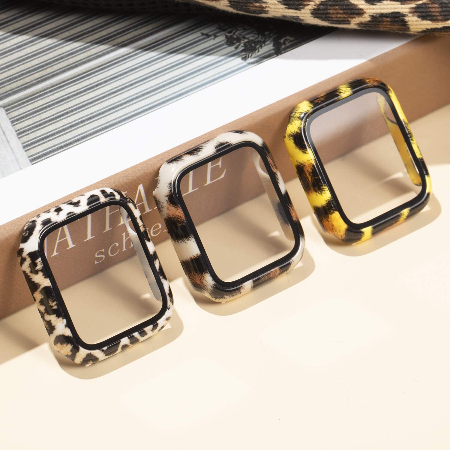 Funda + cristal para Apple Watch 44mm 40mm 38mm 42mm, cubierta protectora de leopardo de para parachoques de PC duro para iWatch SE 6 5 4 3 2 1