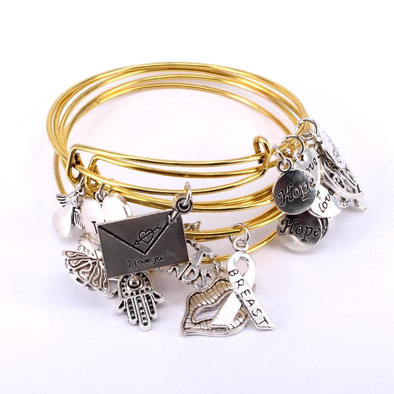 5 pçs conjunto de pulseiras de arame para mulheres meninas jewllery lábios misturados melhores amigos câncer de mama amor coração charme pulseiras c041: Banhado a ouro antigo