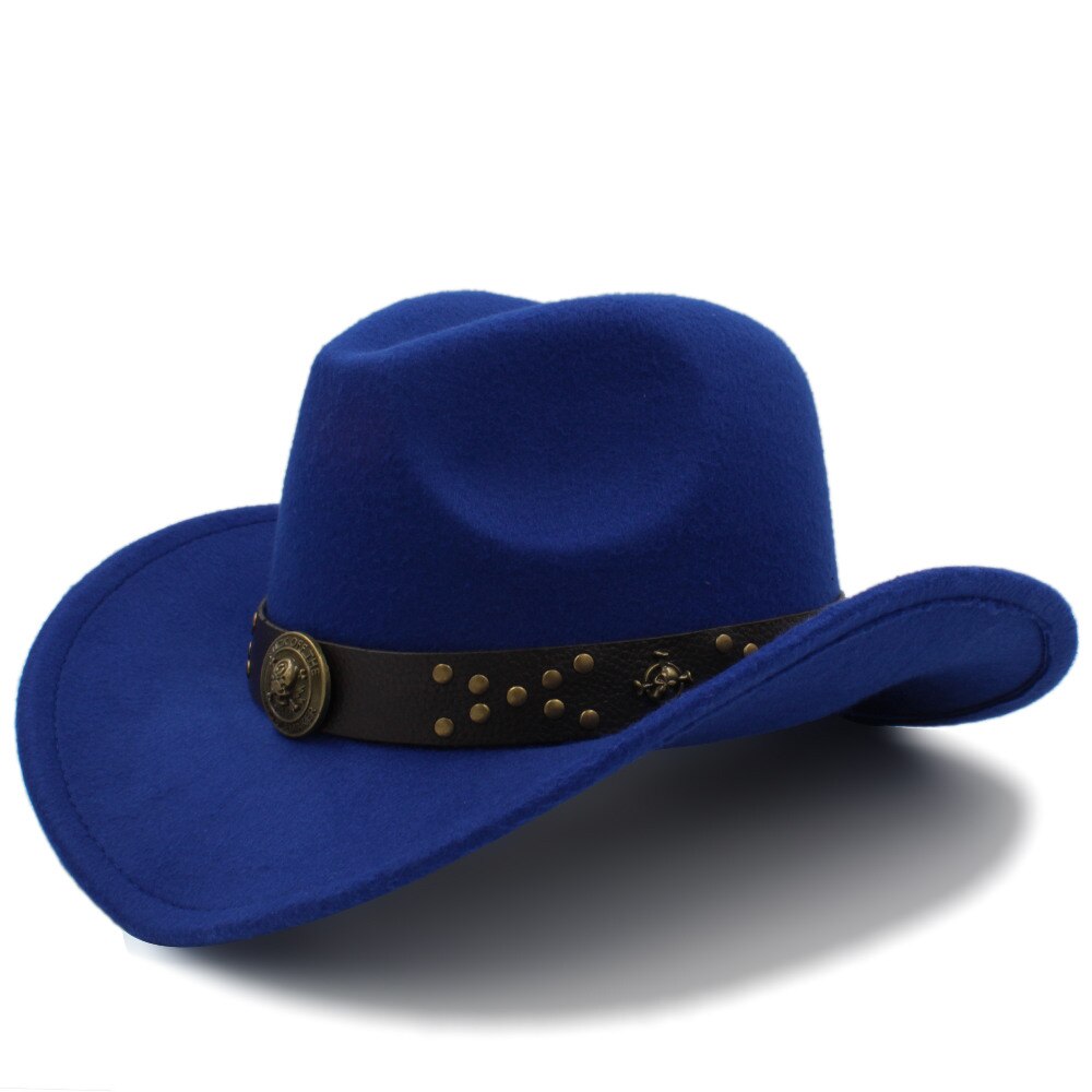 Klassische Frauen Wolle Chapeu Western Cowboy Hütte Winter Herbst Dame Jazz Cowgirl Sombrero hombre Steampunk Kappe Größe 56-58 cm: Blau