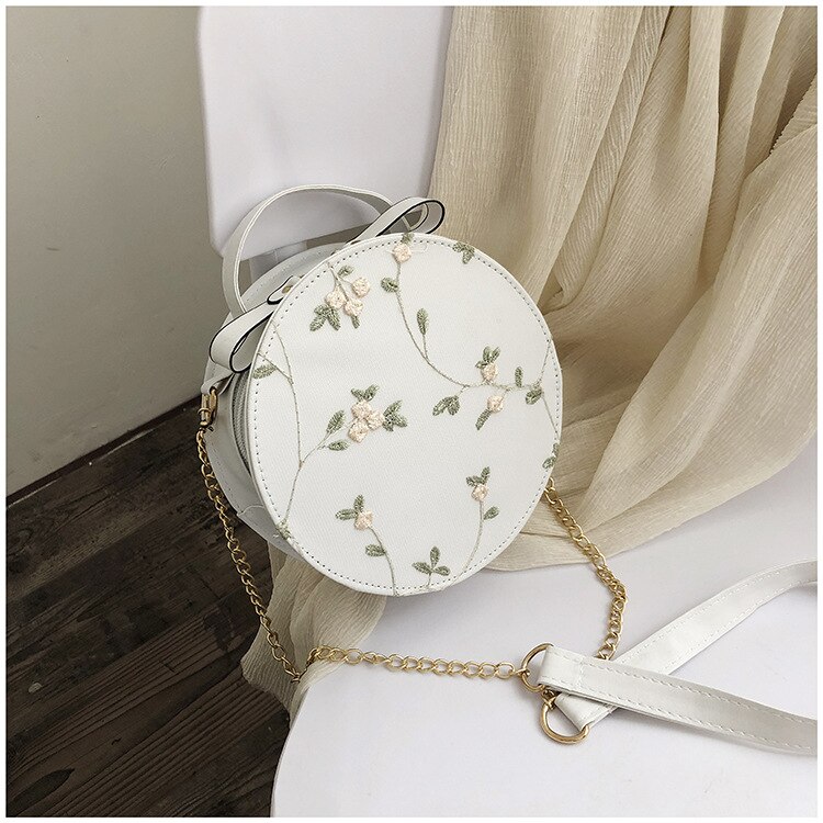 Süße Spitze Runde Handtaschen PU leder Frauen Umhängetaschen Weibliche Kleine Frische Blume Kette Schulter: White
