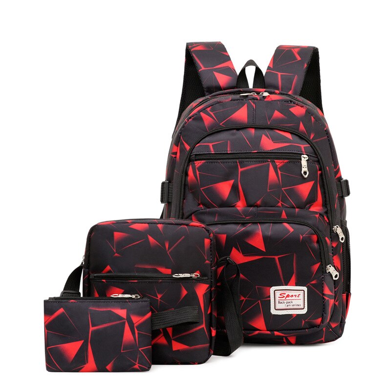 3pcs/set Male backpacks high school bags for women boys one shoulder big student travel bag men school backpack mochila: red