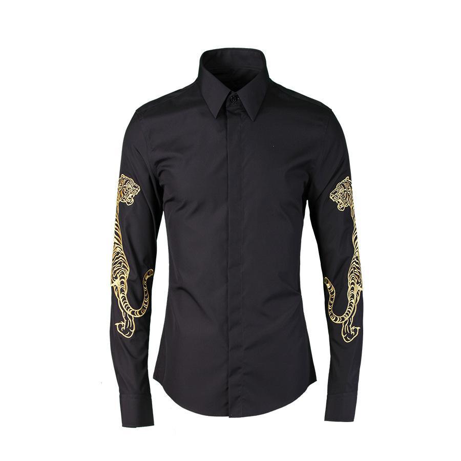 Tiger Luxury Embroidered Mens Dress Plus Size 4XL Hand-painted Long Sleeve 100% Cotton Shirts Man: Black / XL