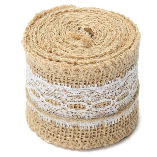 2Pcs 5Cm X 200Cm Natuurlijke Jute Jute Roll Wit Kant Hessische Trim Tafelloper Bands Rusticity Bruiloft decor Diy Craft: 3 / 2pc
