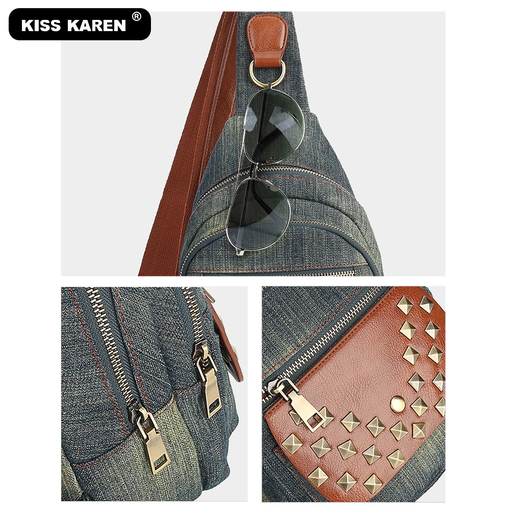 Studded Women Chest Bags Durable Jeans Casual School Bag Travel Women's Shoulder Messenger Denim Sling Bags