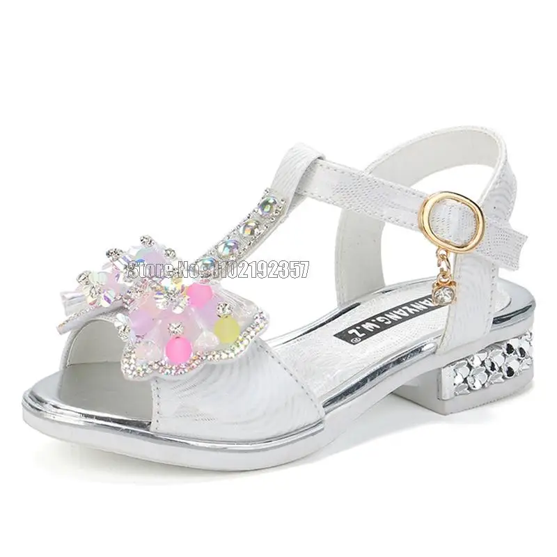 Sandalias de tacón plano para niñas, primavera y verano, vestido de princesa para niños pequeños, zapatos de con lazo para adolescentes: Blanco / 31