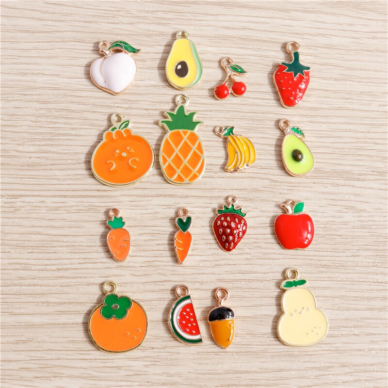 10 pçs/lote Esmalte Encantos para Brincos Pingentes Colares Fruta Morango Abacaxi Banana Laranja Encantos Artesanais Fazer Jóias