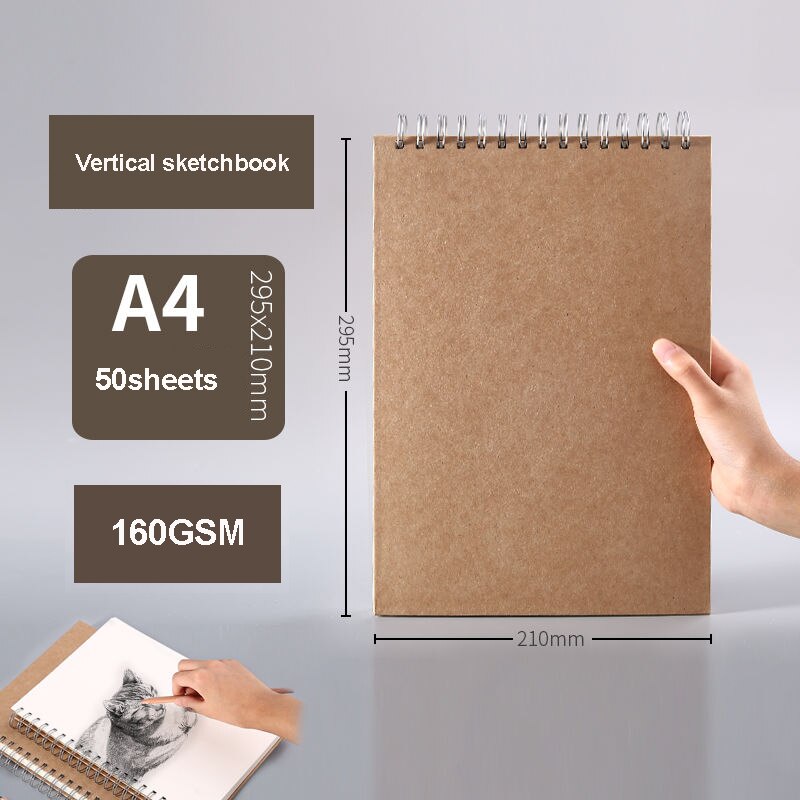 Drawing sketchbook Thick paper 160 GSM Spiral notebook diary Art school supplies Pencil drawing notepad Stationery: A4 vertical