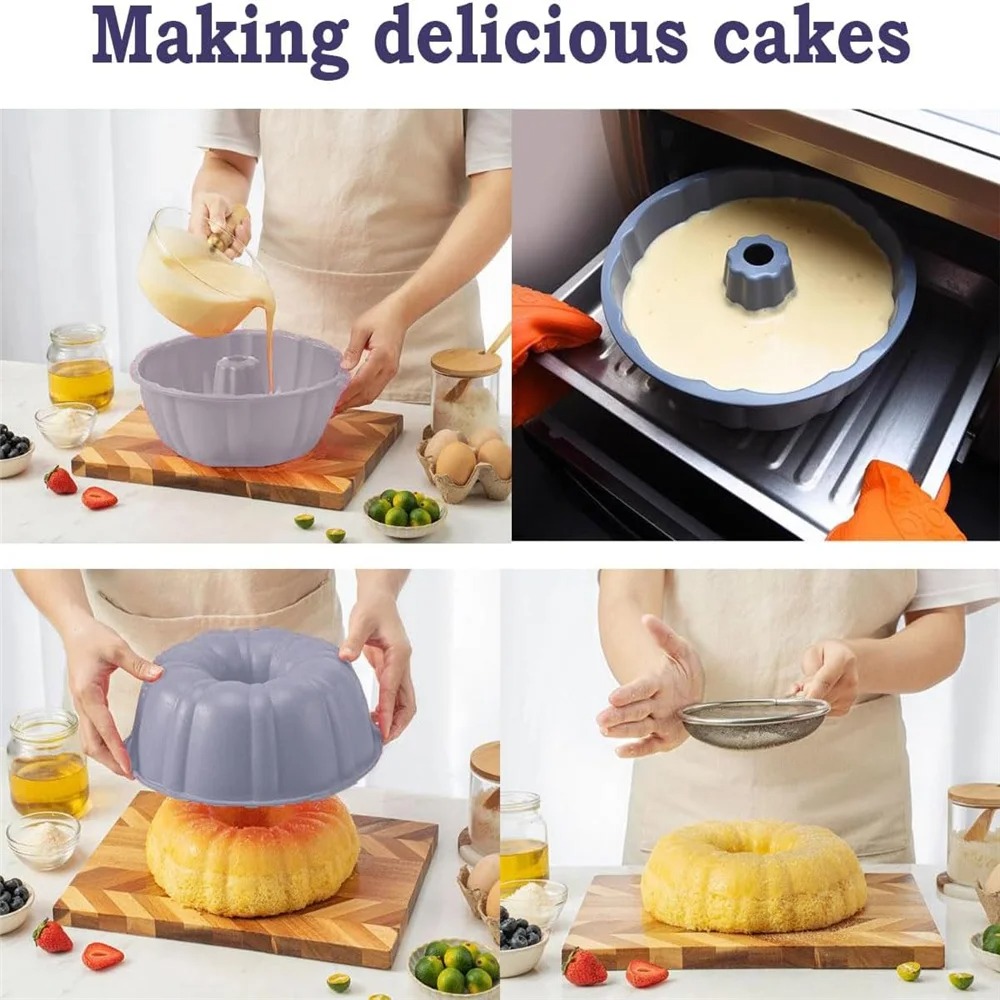 10inch Bundt Cake Pan Non-Stick Silicone Bakeware Fluted Round Baking Mold for Oven Home Kitchen Premium Reusable Easy Release