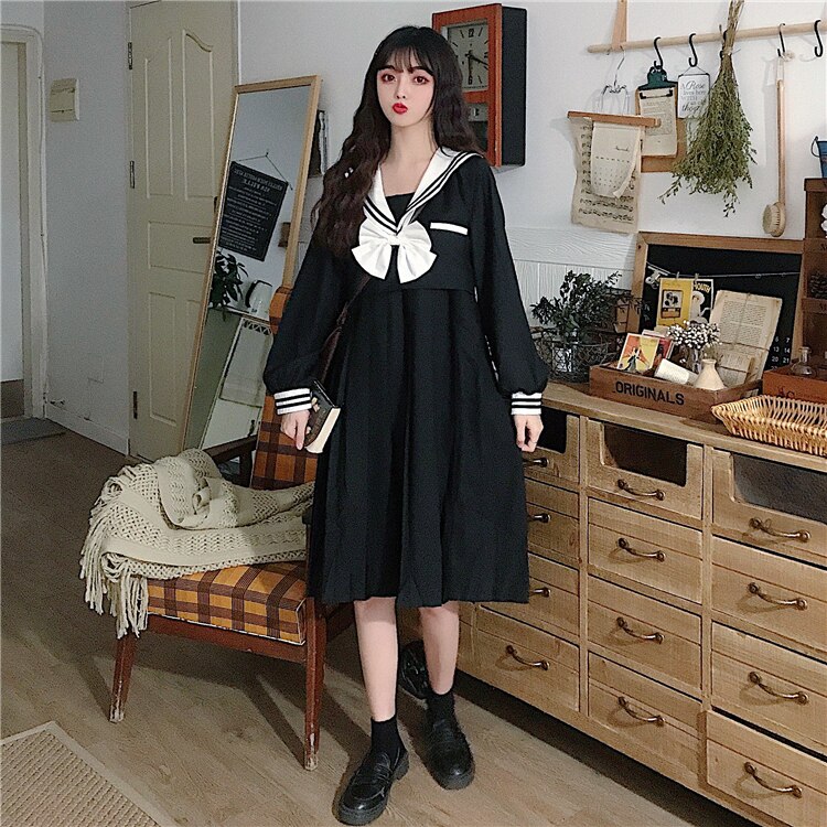 Japanse Stijl Zoete En Mooie Boog Matroos Kraag Lange Mouwen Jurk R Mid-Lengte Zwarte Rok Vrouwen &#39;S Herfst School Meisje