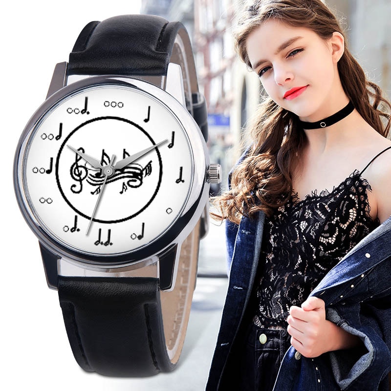 OKTIME Women PU Leather Strap Wrist Watch Musical Note Round Dial Casual Analog Quartz Watches TT@88