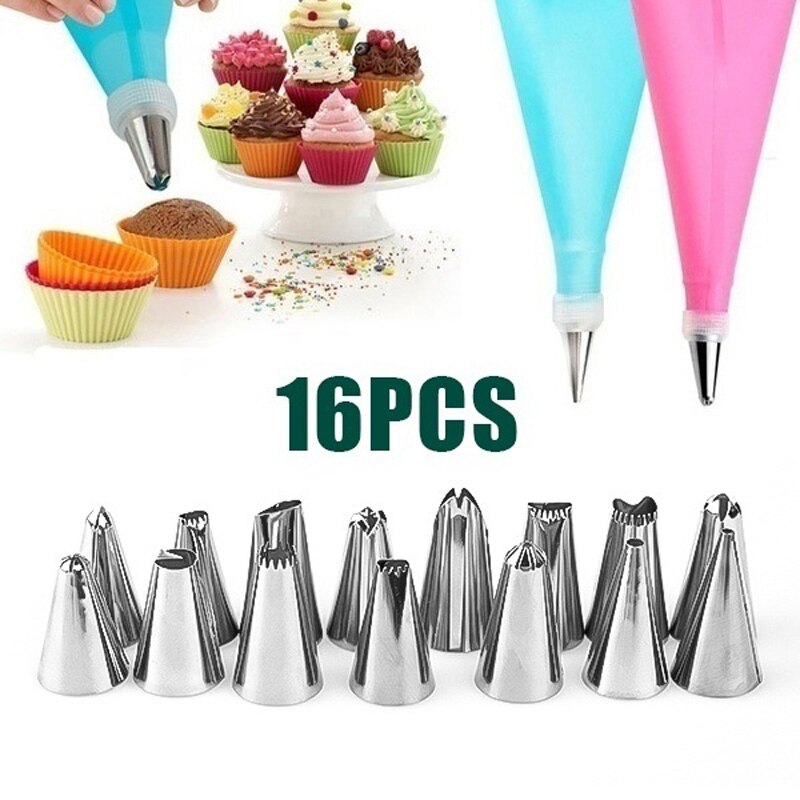 16PCS DIY Ice Piping Cream Pastry Bag Reusable Stainless Steel Nozzle Pastry Tips Converter Squeeze Cake Decorating Baking Tools