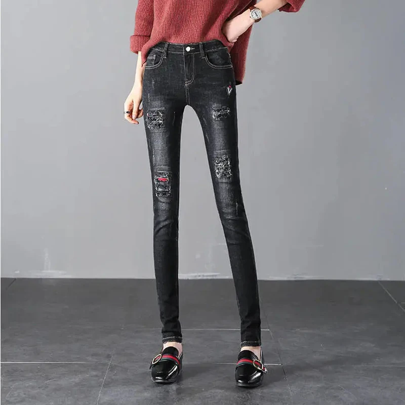 Jean déchiré Boyfriend pour femmes, Streetwear, slim, pantalon crayon, décontracté, noir, extensible