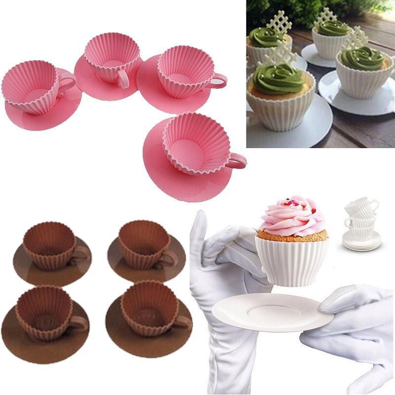 Witte siliconen cupcakevormpjes muffinbakvorm cake theeschoteltje theekopje mal