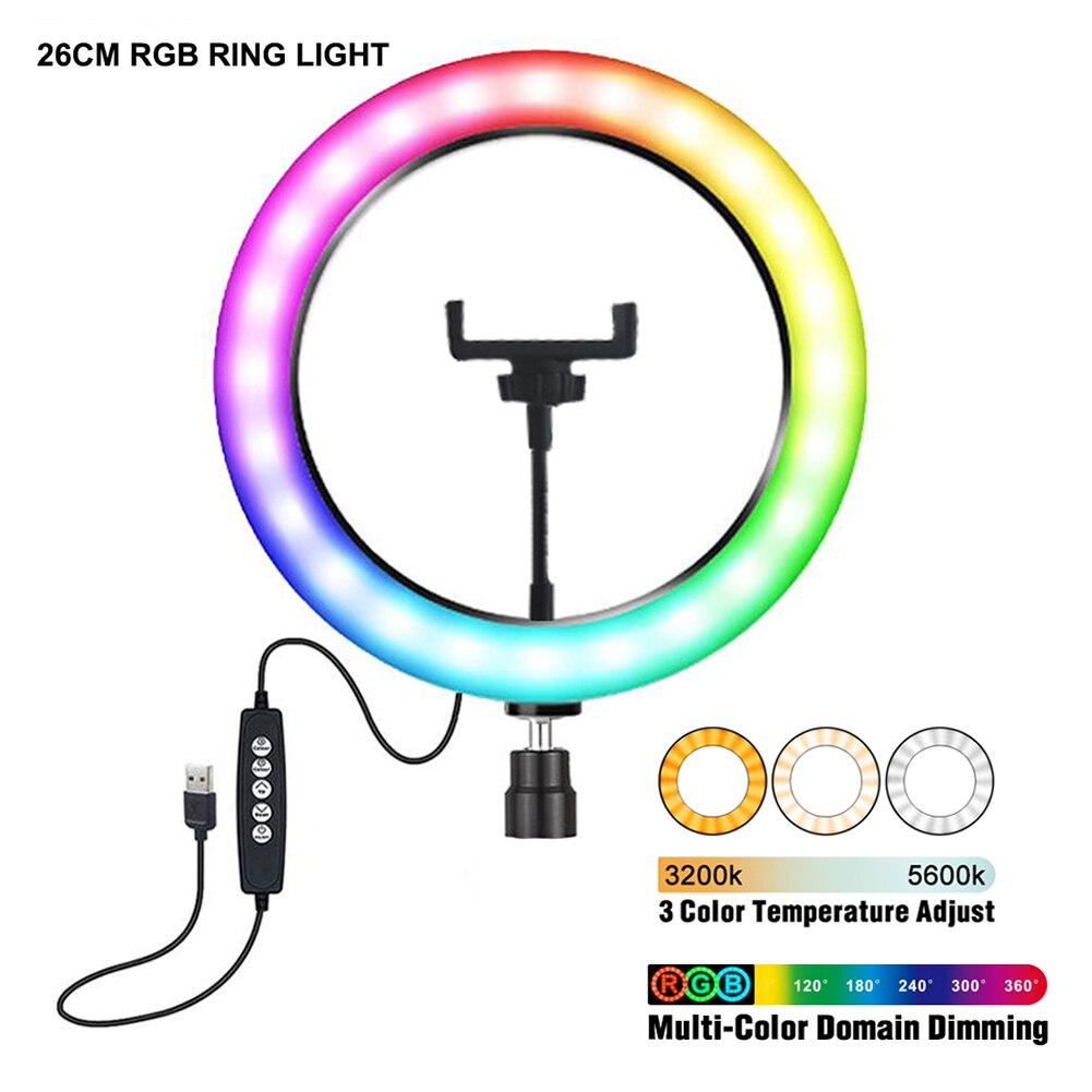 10 inch Video Lamp Dimmable LED Selfie RGB Ring Light USB Photography Light with Phone Holder for Makeup Video Live Studio