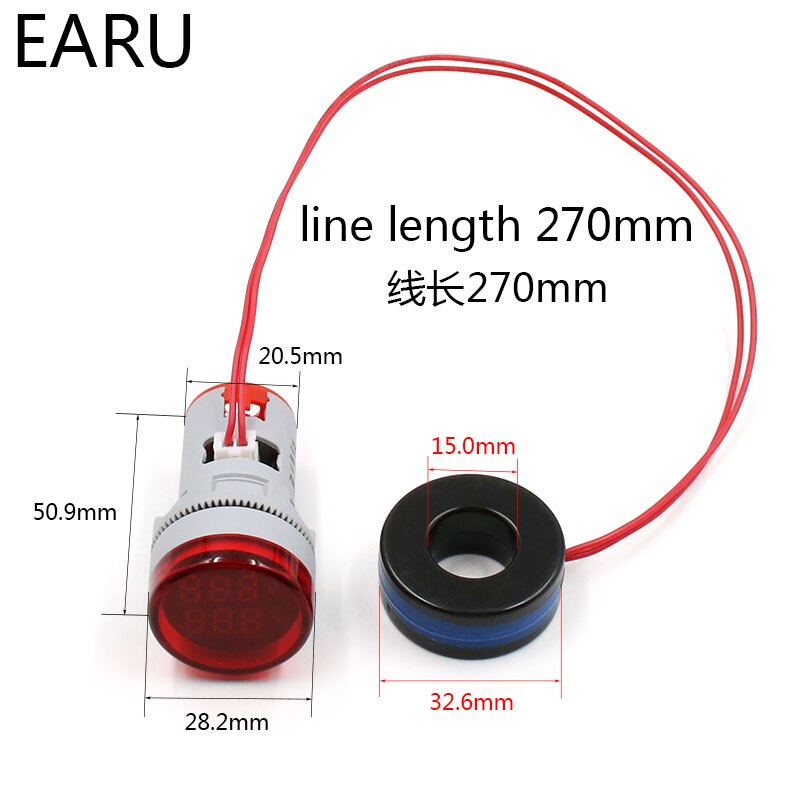 Rund mini digital voltmeter amperemeter 22mm ac 20-500v 0-100a amp volt spændingstester meter dobbelt led indikator pilot lampe lys