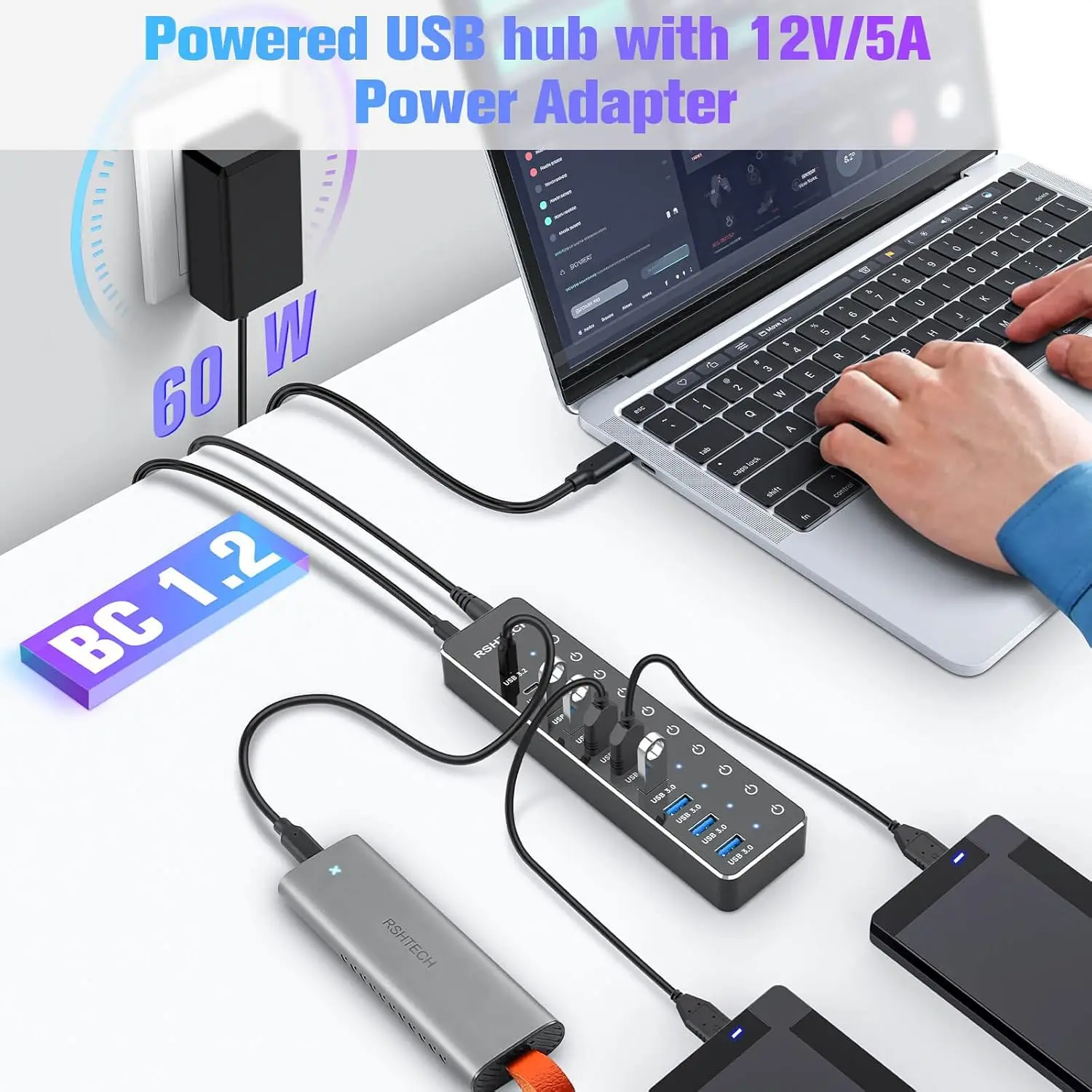 RSHTECH USB Hub 10-Port USB C Hubs 60W with 10Gbps Data Transfer Ports Individual Touch Switches Hybrid Splitter for Laptop/PC