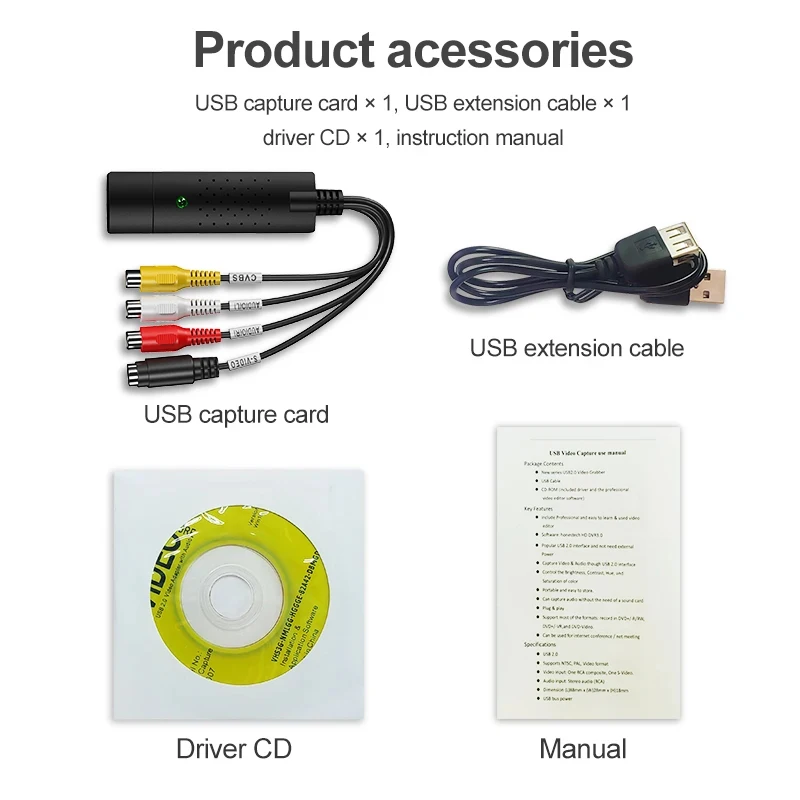 Usb-lyd- og videooptagelseskortadapter med usb-kabel usb 2.0 to rca-videooptagelseskonverter til tv, dvd, vhs-optagelsesenhed
