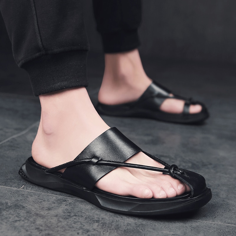 Herr läder tofflor sandaler split läder herr strandskor slip on flip flops herr fritidsskor sommar skor