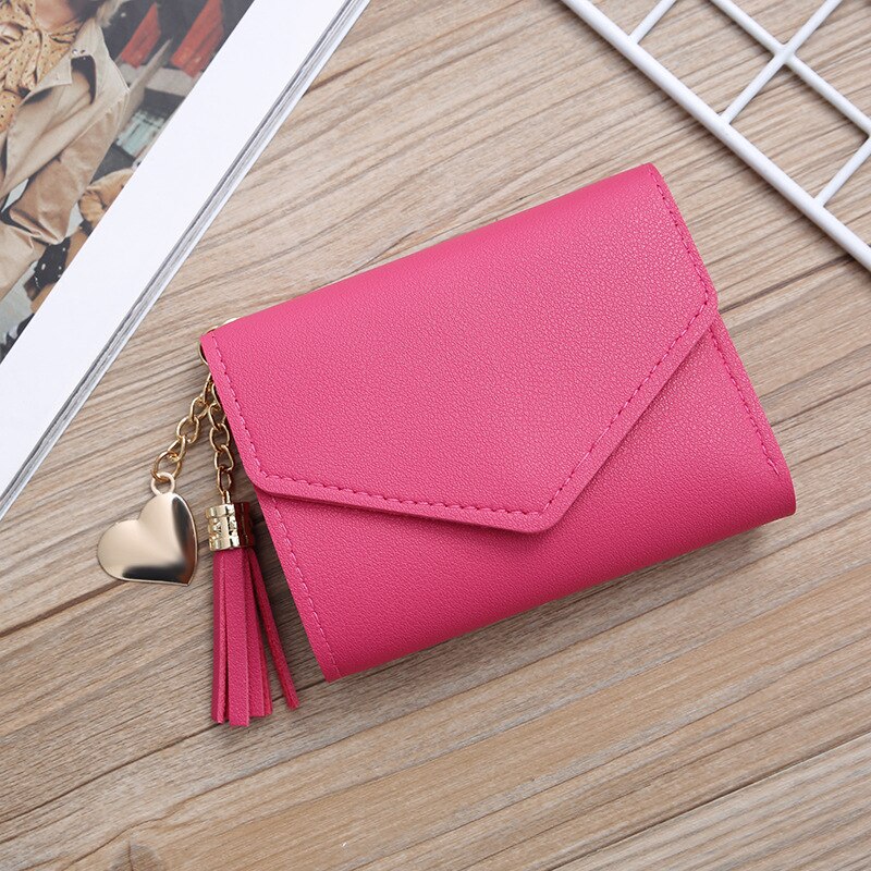 Women Wallet Cute Student Tassel Heart Pendant Short Wallet Small PU Wallet Coin Purse Ladies Card Bag For Women: rose pink