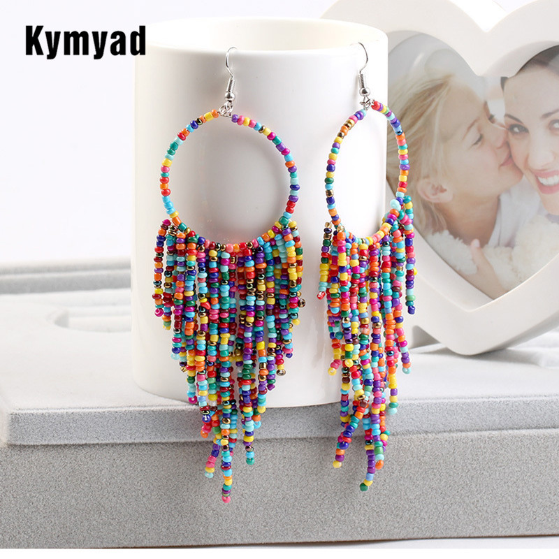 Kymyad Bohemian Multicolor Beads Tassel Earrings For Women Handmade Boho Ear Vintage Jewelry Long Big Statement Earrings 2022