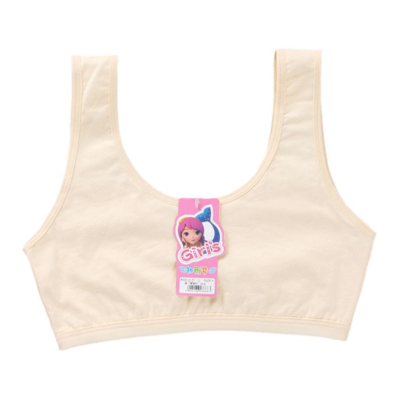 Teenage Puberty Girls Sport Training Bra Sweet Solid Candy Color Double Layer Breathable Kids Cotton Underwear Wireless Bralette: Nude