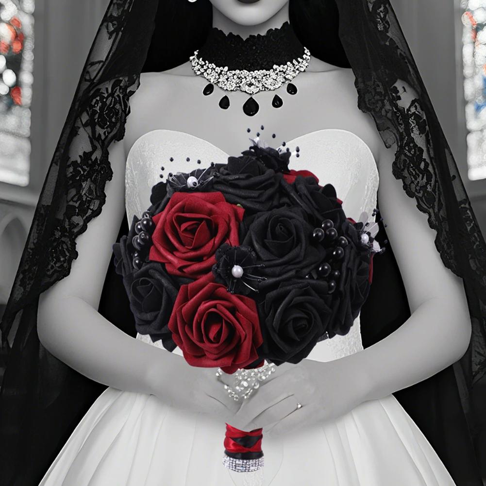 Gotisk bryllupsbuket med halloween-tema og dekorativ buket af høje materialer til fester, boligindretningsbuket