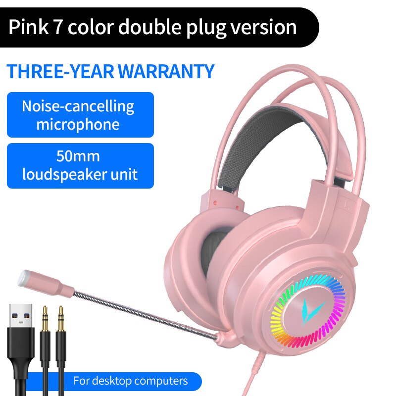 Gaming Headsets Gamer Headphones Surround Sound Stereo Wired Earphones USB Microphone Colourful Light PC Laptop Game Headset: 3.5mm pink