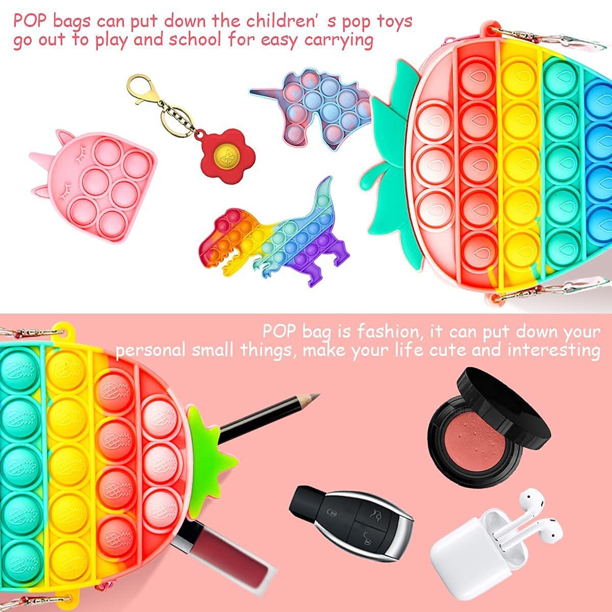 Rainbow Strawberry Pop Fidget Bag Toy Silicone Pop Bubble Sensory Fidget Toy Push Bubbles Toys Kawaii Strawberry Bags SYMOMOK