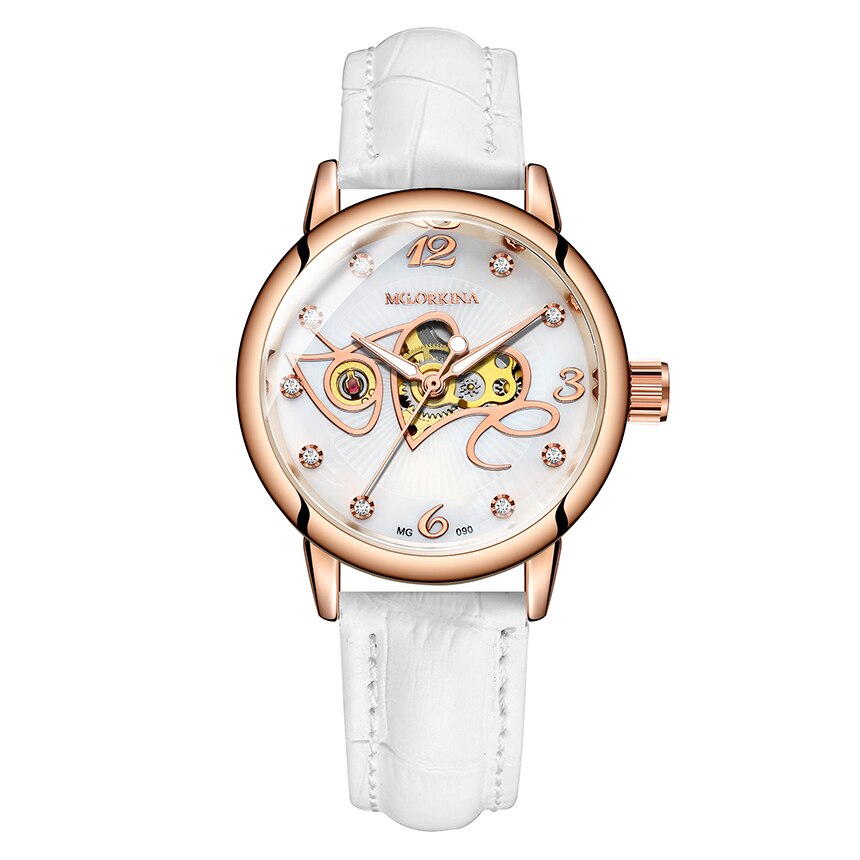 ORKINA Mechanische Frauen Armbinde Uhr Skelett Automatische Armbanduhr Gittergewebe Edelstahl Band Weibliche Uhr schick Reloj Mujer: 090 Weiß L