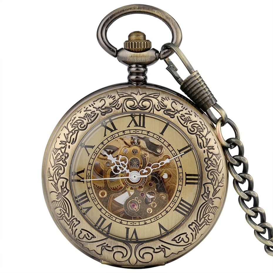 Mannen Automatische Mechanische Horloges Retro Koperen Self Winding Chain Romeinse Cijfers Stijlvolle Luxe Ketting Vrouwen Zakhorloge