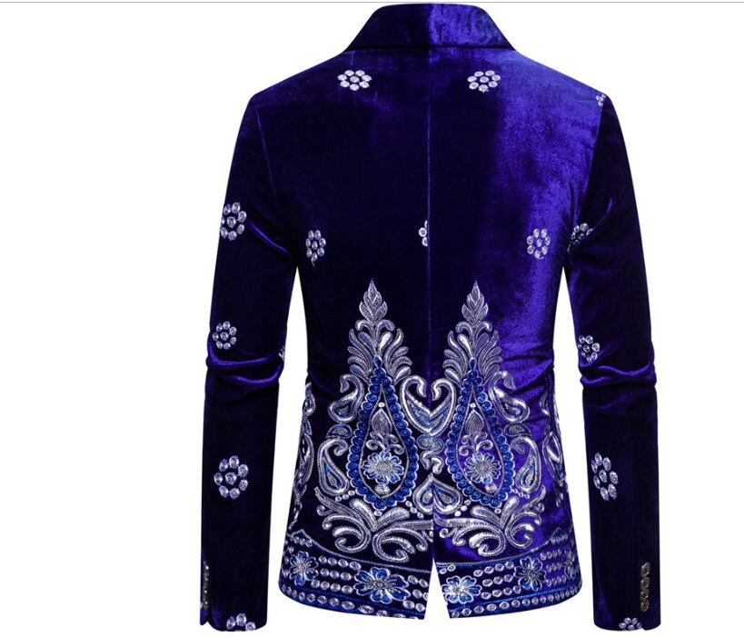 Herrbroderi sammet kavaj kavaj kavaj slim fit lyxrockar ytterkläder företag 3 färger: Kungsblå / Xxl