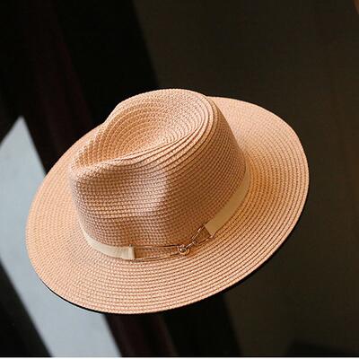Sommer sol hat damer bred rand metal bælte halm hatte panama cap kvinder ensfarvet hat: Lyserød