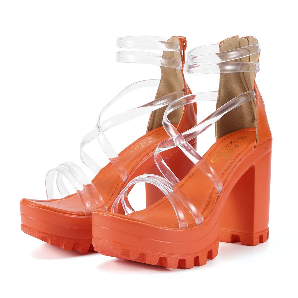 Sandaler dam chunky klackar med dragkedja vattentät plattform höga klackar skor sandaler svart orange fyrkantig klack