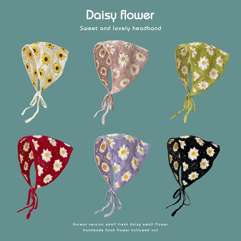 Lenço triangular feito à mão crochê malha bandana para mulheres retro bonito e doce pequena margarida cinta com bandana