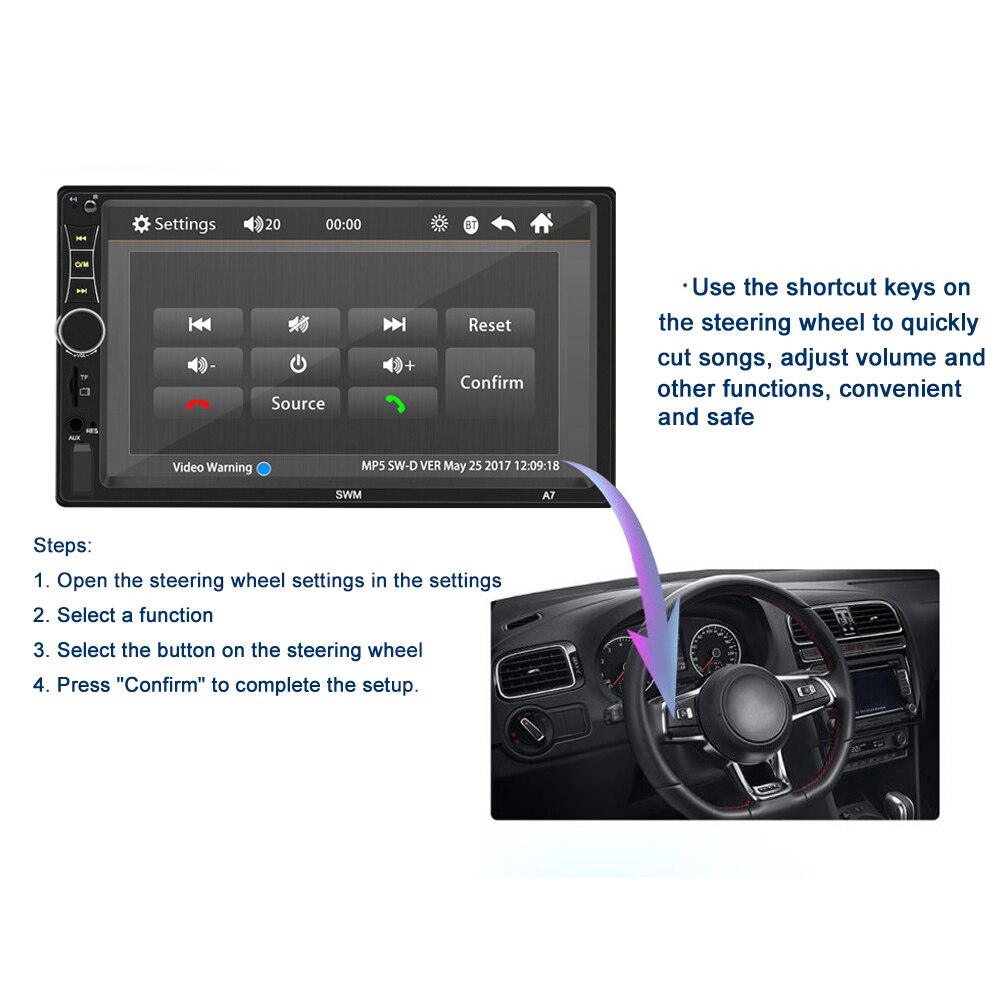 7in Car MP5 Player Bluetooth Stereo USB AUX FM Touching Screen Remote Control Radio QJY99