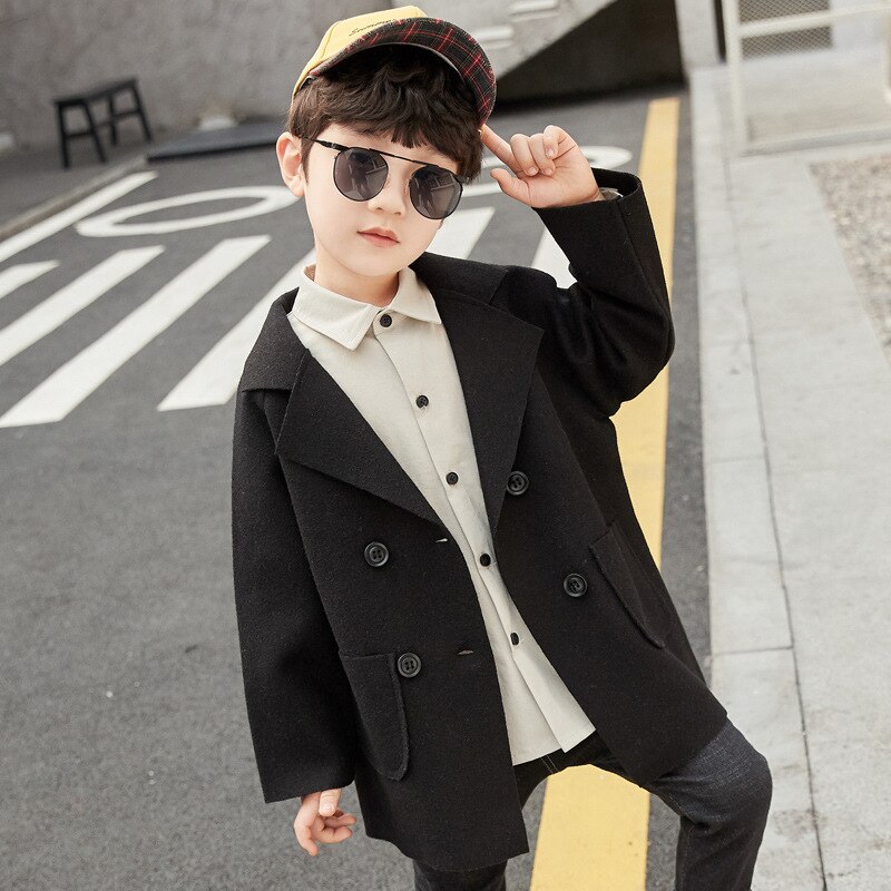 Casacos de inverno meninos sólido duplo breasted menino trench coat lapela outono crianças outerwear casacos de lã casaco para meninos 5 6 8 10 12 anos: Black / 7 T