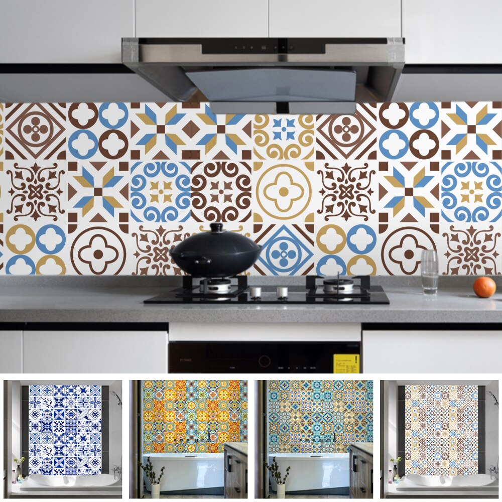 20pcs Moroccan Retro Printing Tile Pvc Waterproof DIY Wall Floor Stickers Decor Ceramic Tiles Home Living Room Decoration