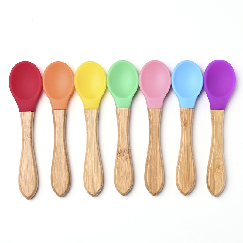 Feeding Wooden Handle Silicone Spoon For Baby Utensils Eat Soild Food Kids Training Manipulative Ability Children's Tableware