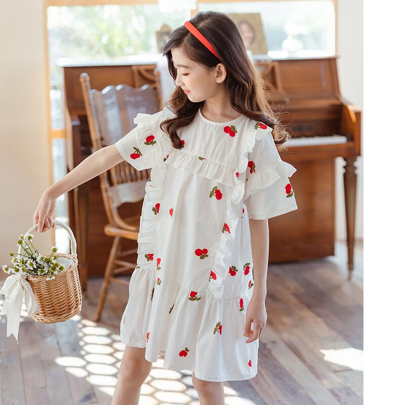 Ricamo Teen Girls Dress Cherry Patterns mezza manica increspature abito estivo in cotone abiti per bambini 6 8 10 12 14 anni