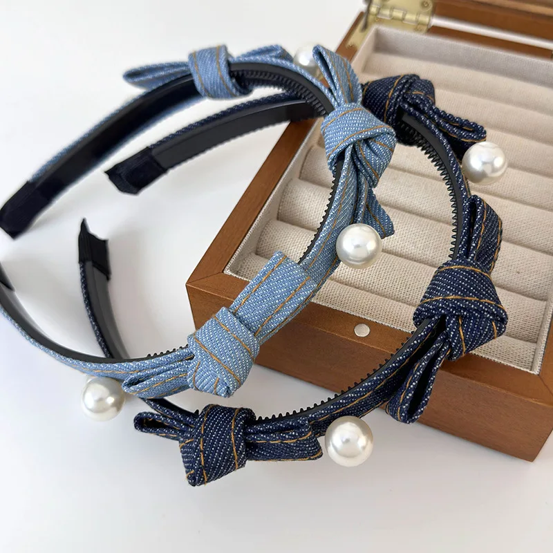 Diadema de perlas con lazo de Color azul vaquero Retro para niña, bandas para el cabello dulces para mujer, aro para el cabello con temperamento, accesorios para el cabello de femenina