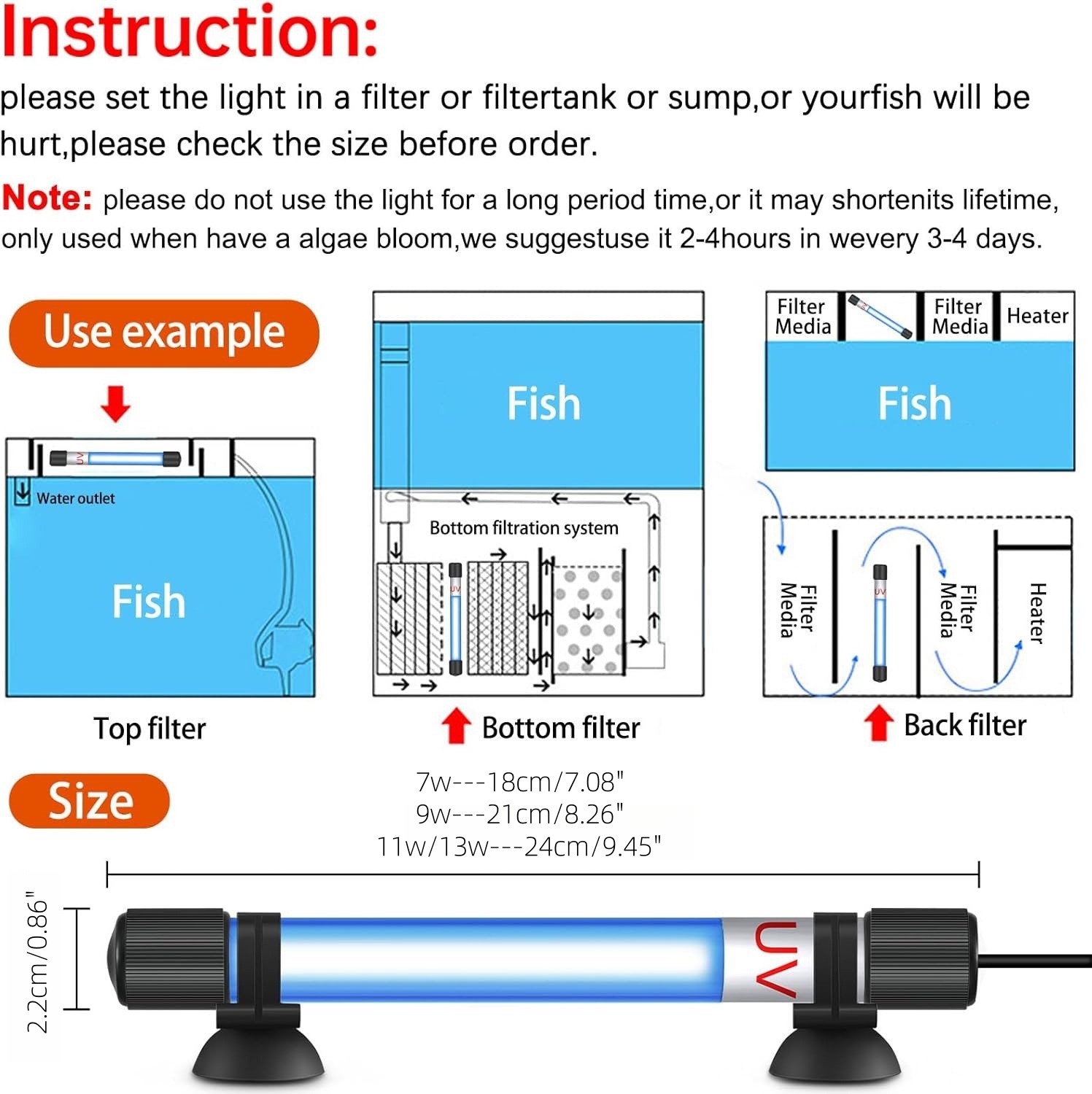Luz limpia UV para acuario, luz limpia de algas para pecera, luz sumergible para acuario, luz transparente verde limpia con agua (7w/9w/11w/13w)