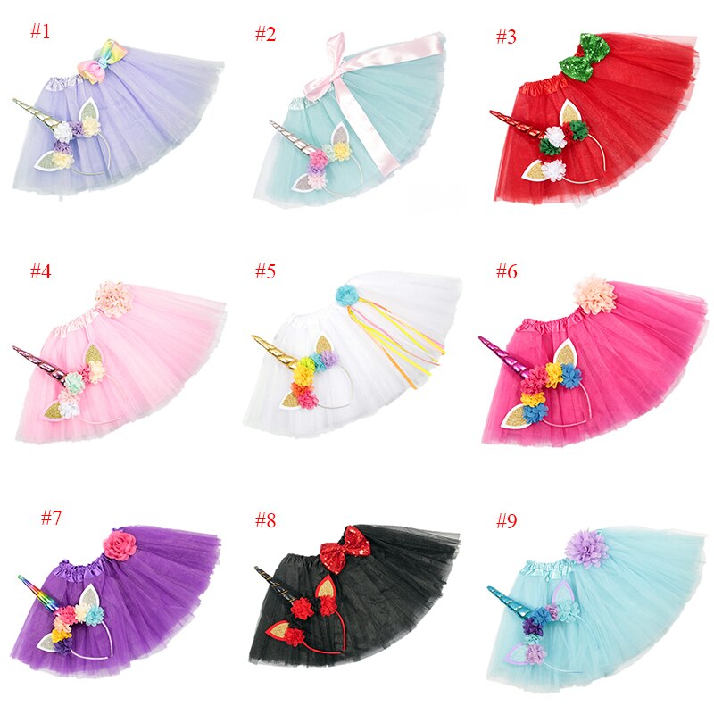 2Pcs/set Baby Girl Chiffon Tutu Skirt+Unicorn Hairband Europe Girls Children Party Clothes Toddler Infant Birthday