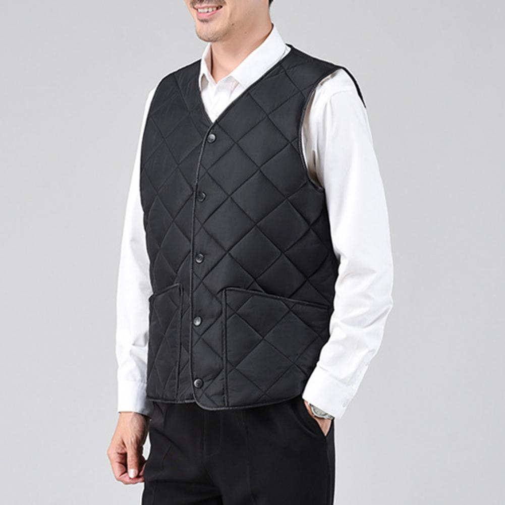Herfst Winter Heren Vest Effen Kleur Dons Vulling V-Hals Mouwloos Warm Vest Zachte Knoop Sluiting Koud-Proof Zak Jas Vest