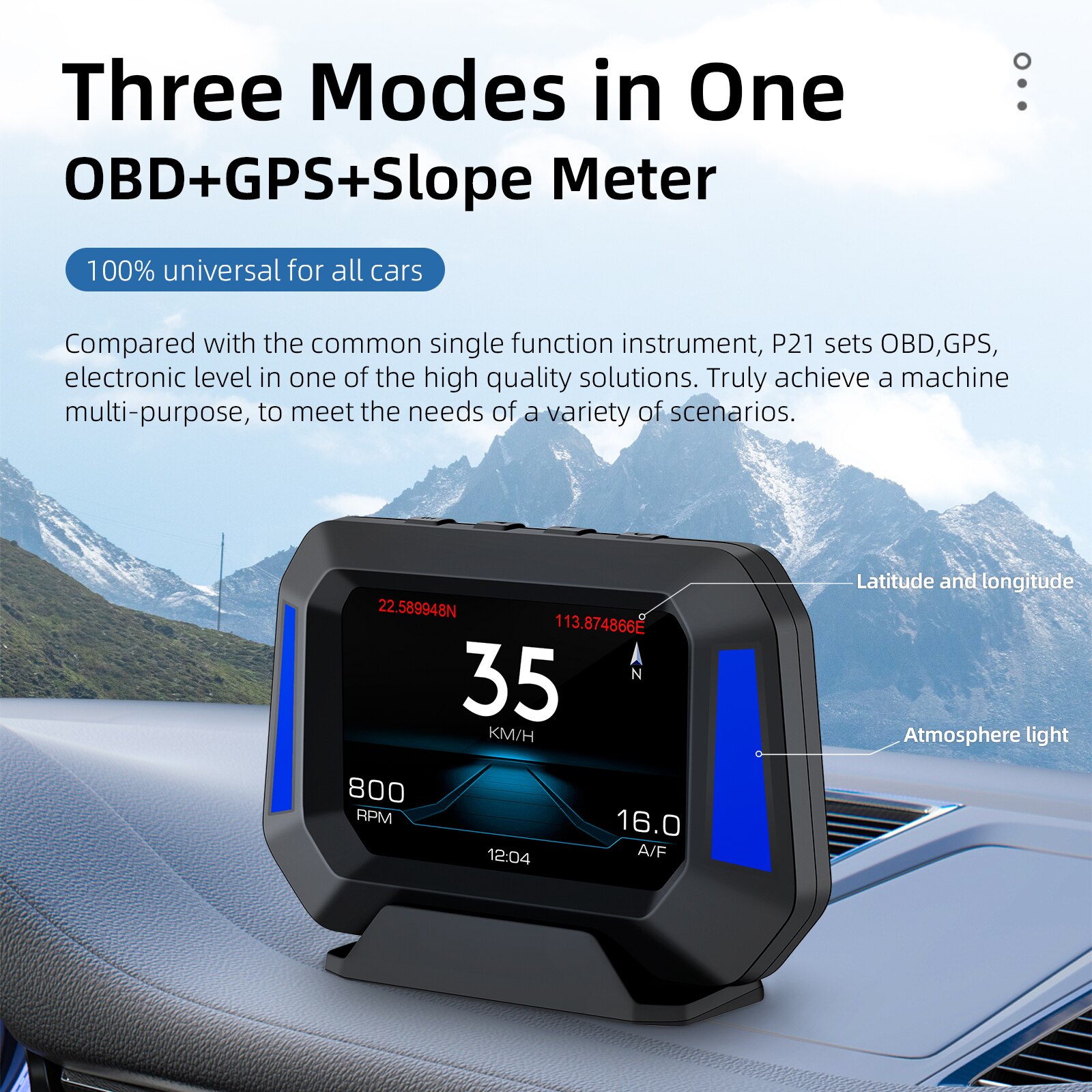 Auto Hud Digitale Tachometer Messgerät OBD2 + GPS Kopf hoch Anzeige 4x4 Neigungsmesser Clever aufhängen Meter LCD Anzeige Auto Sicherheit Alarm