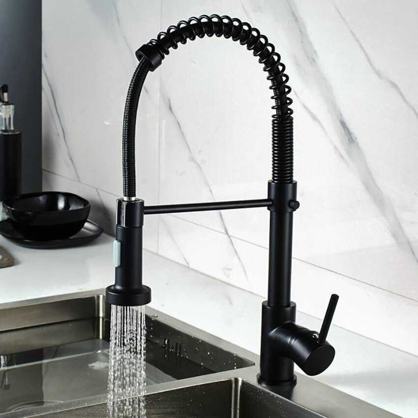 Kitchen Faucets Commercial Solid Brass Single Handle Single Lever Pull Down Sprayer Spring Kitchen Sink Faucet, Silver, Black